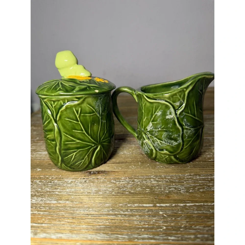 Vintage Neil the Frog Lily Pad Ceramic Cream Sugar Set Green Kitsch Cottagecore